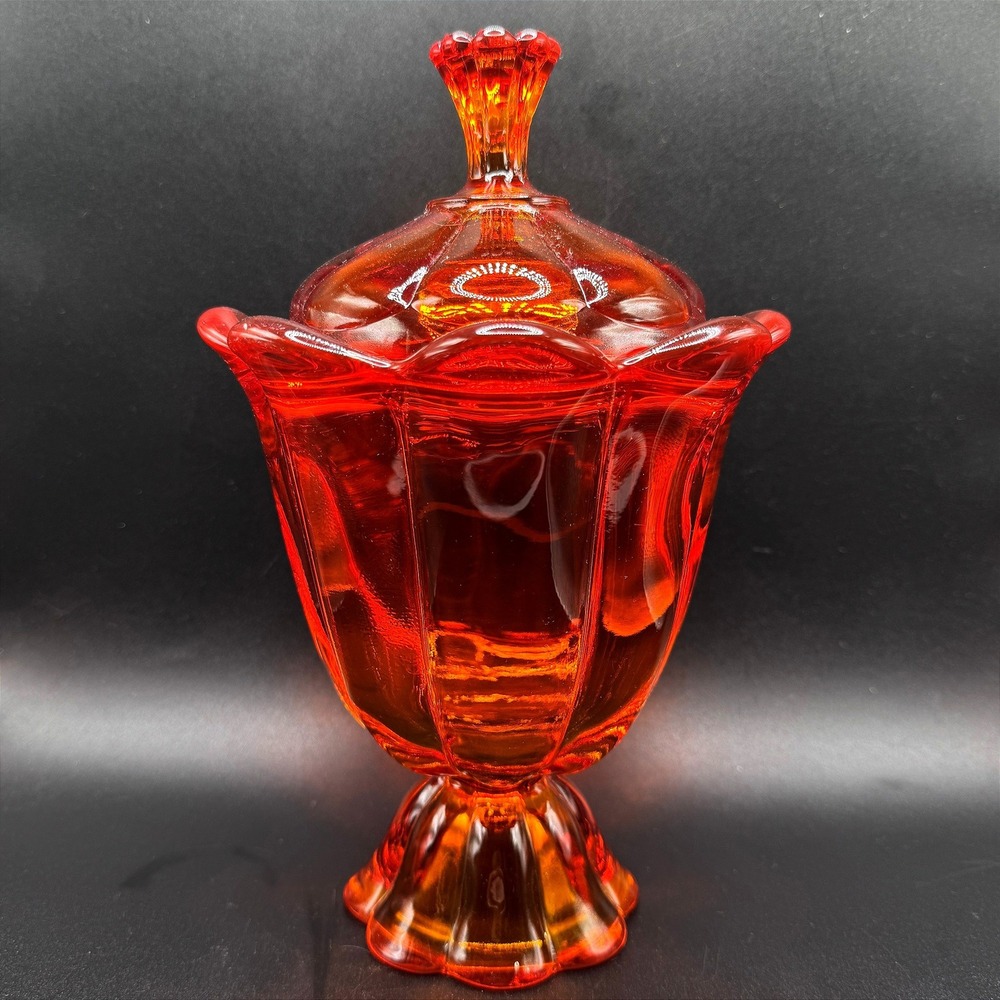 Vintage Viking Glass Epic 6 Petal Persimmon Orange Covered Candy Dish MCM